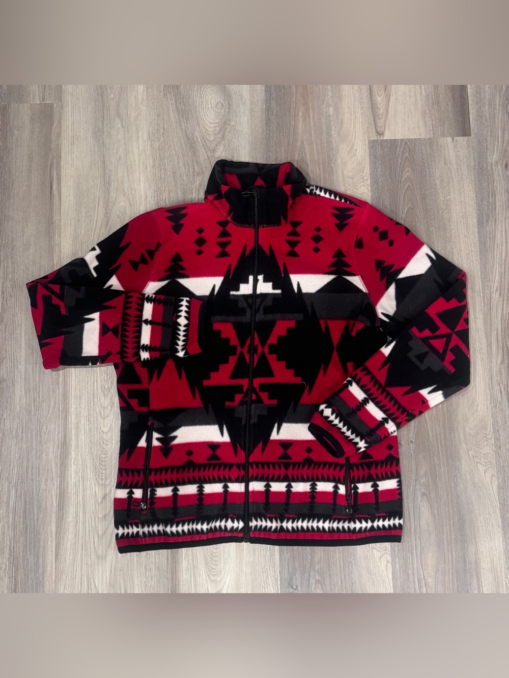 The Lauren Ralph Lauren Aztec Tribal Fleece Jacket in red Southwestern design